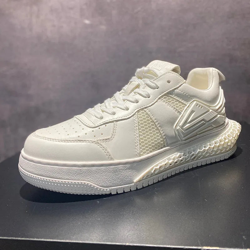Men's summer leather breathable casual shoes in white with lace-up closure and rubber sole