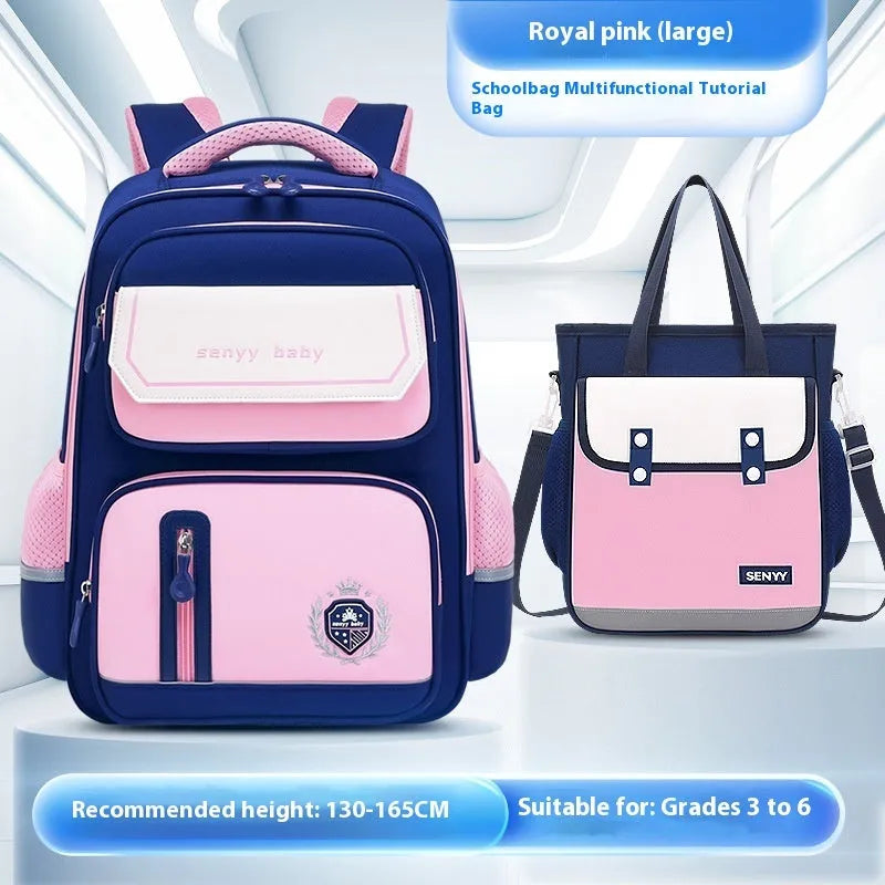 Children's spine protector backpack in blue, made of water-repellent Oxford cloth, size 38x30x15cm