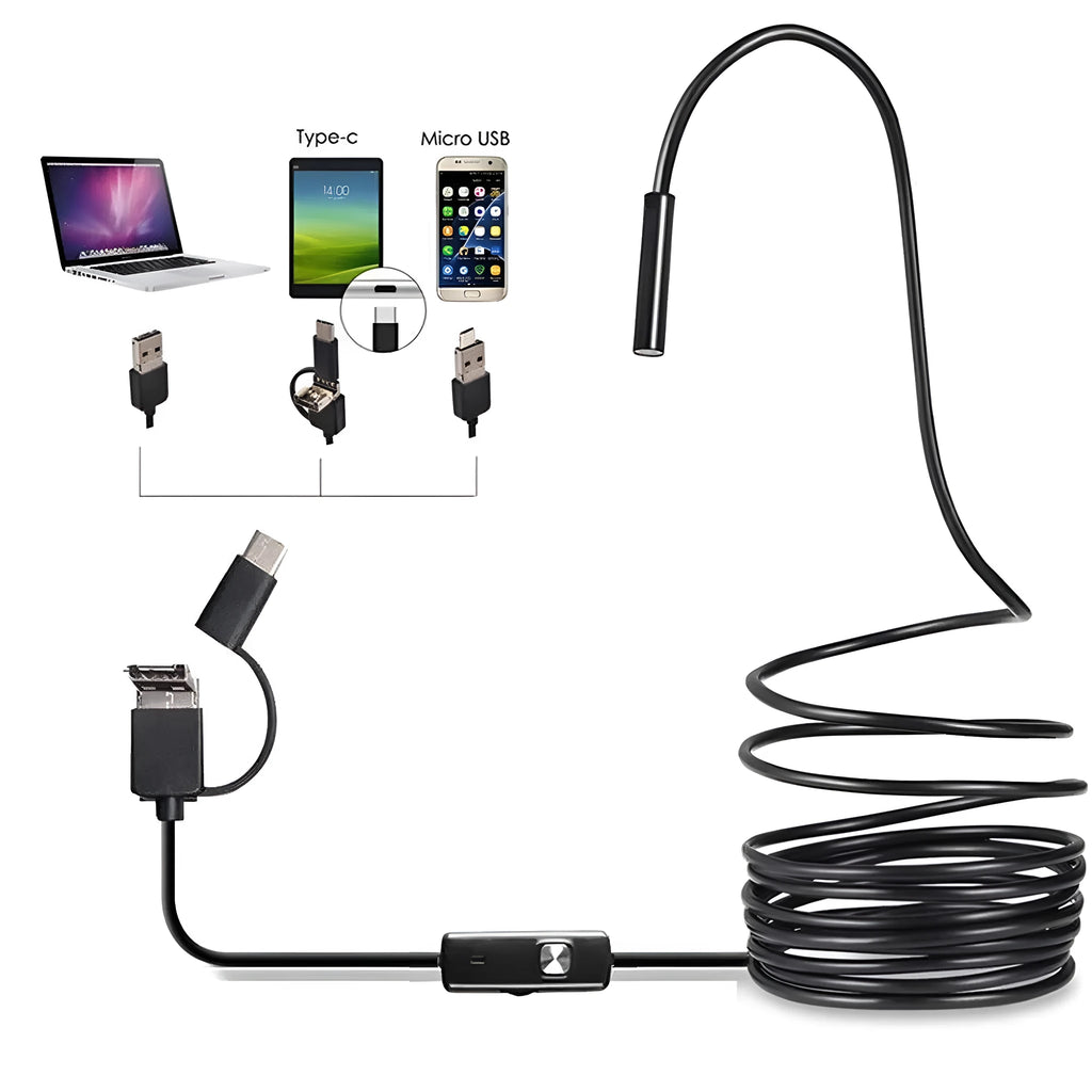 3-in-1 USB endoscope with flexible cable, magnet, hook, and side mirror for Android phone inspection.
