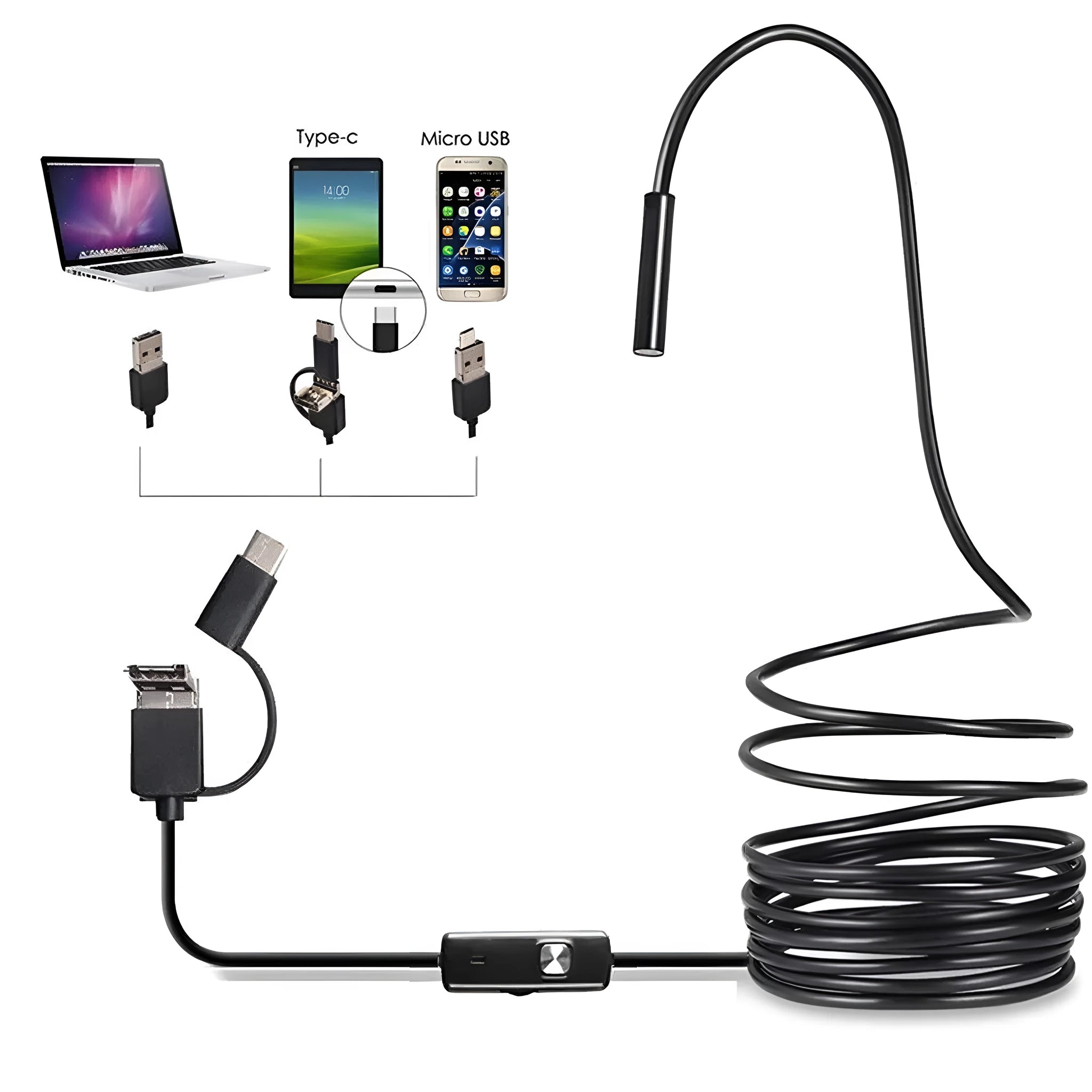 3-in-1 USB endoscope with flexible cable, magnet, hook, and side mirror for Android phone inspection.