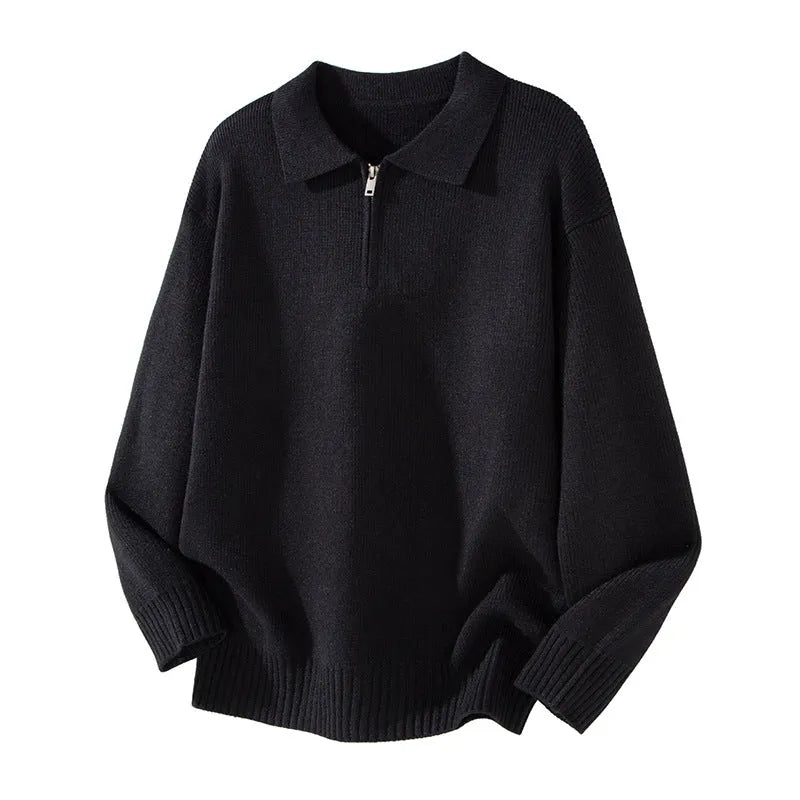 Men's turn-down collar half-zip loose fit sweater in coffee colour, long sleeves, synthetic fibre blend knitwear