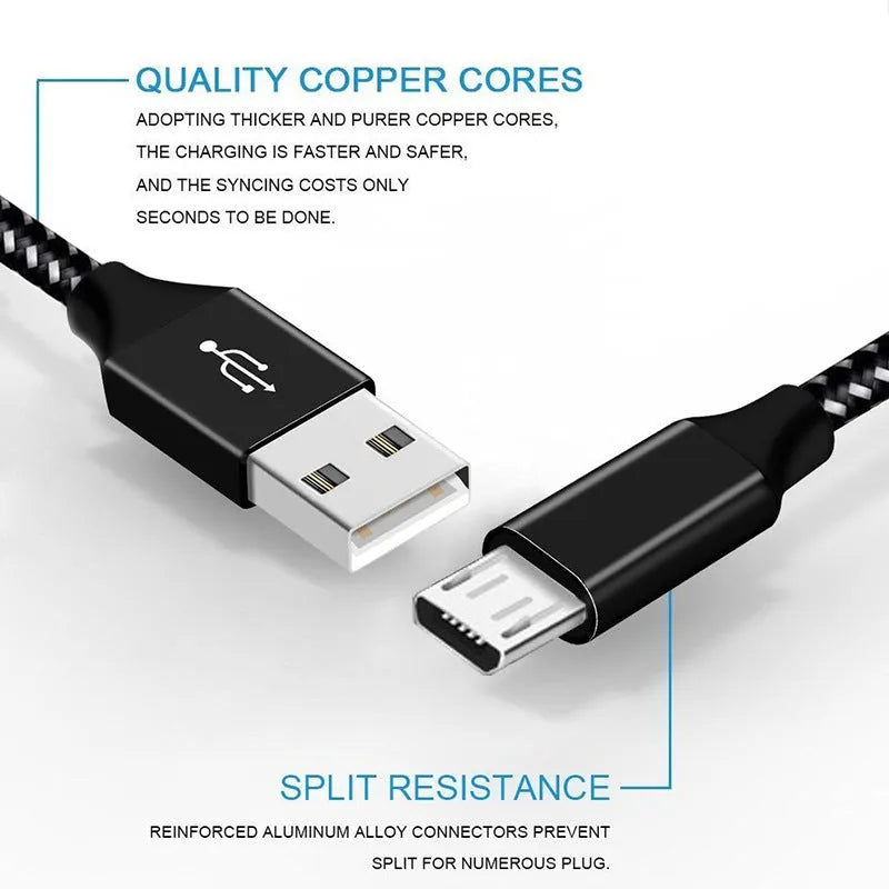 Braided Android fast charging cable with Micro USB connector in multiple lengths and colours