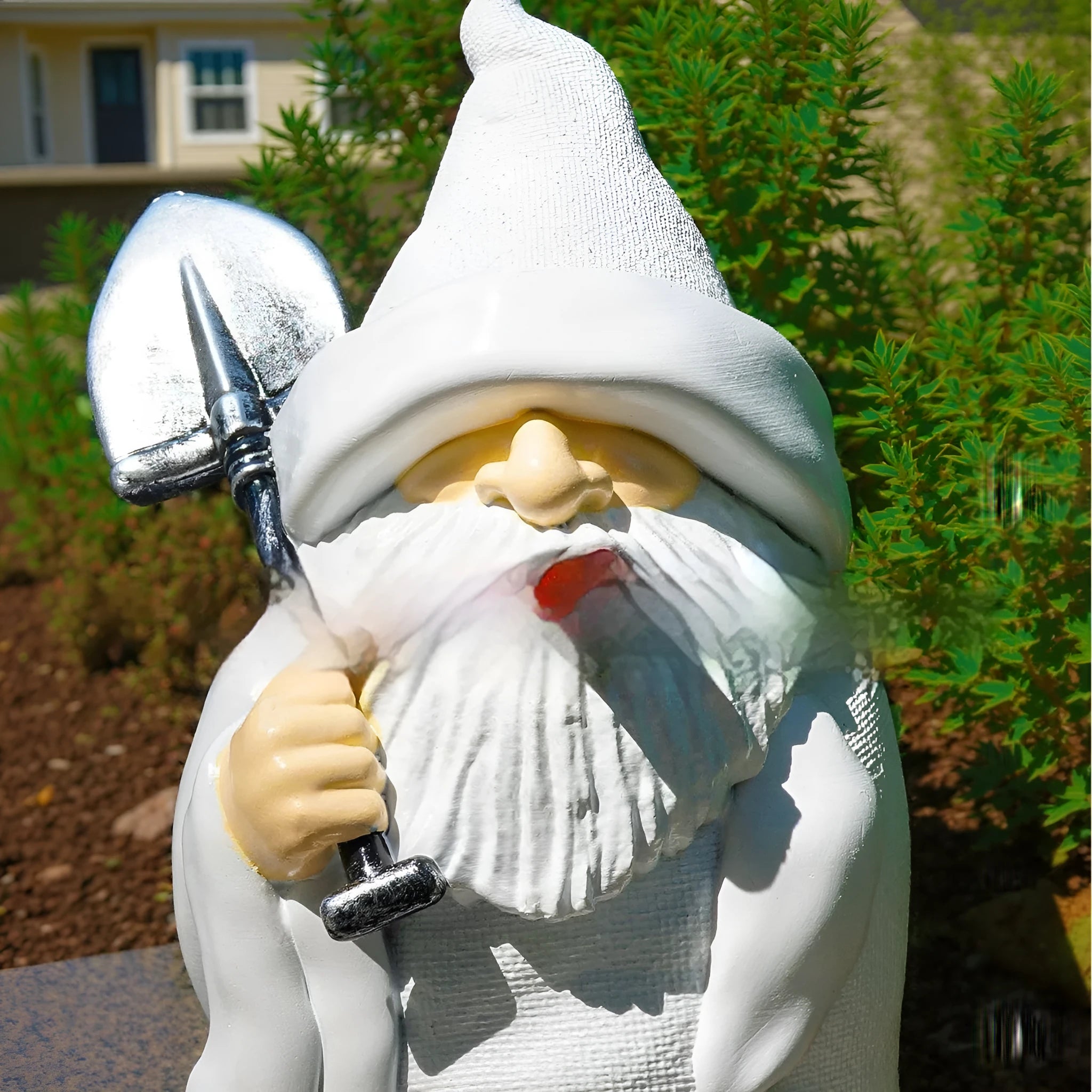 Christmas garden ornament with pipe dwarf holding smoking shovel, plastic and resin construction