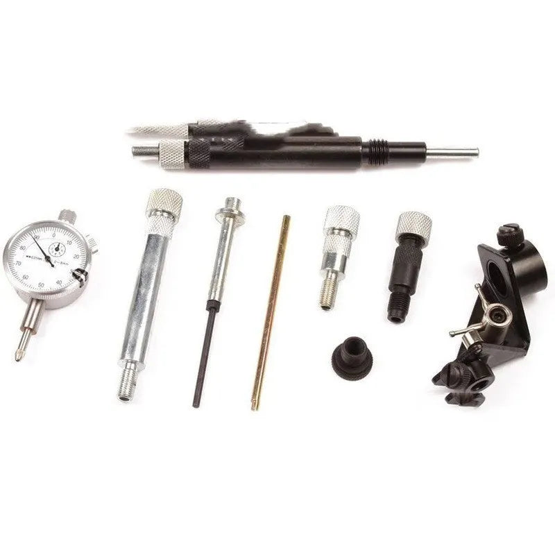 General fuel timing installation tool set VT01818 with ten carbon steel pieces arranged on a workbench