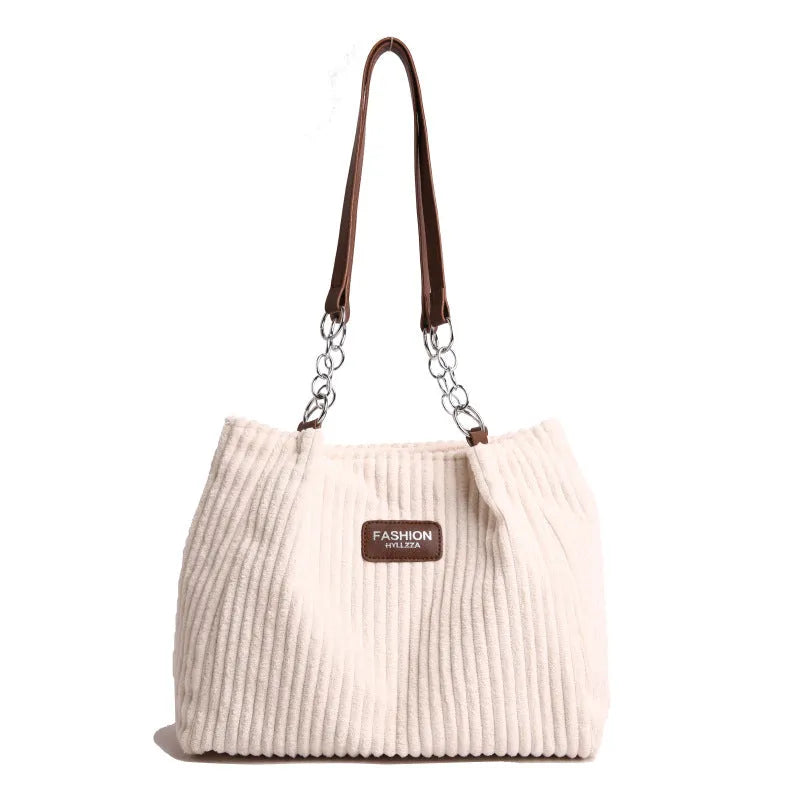 Large capacity soft corduroy chain underarm tote bag in khaki with double straps and splicing detail