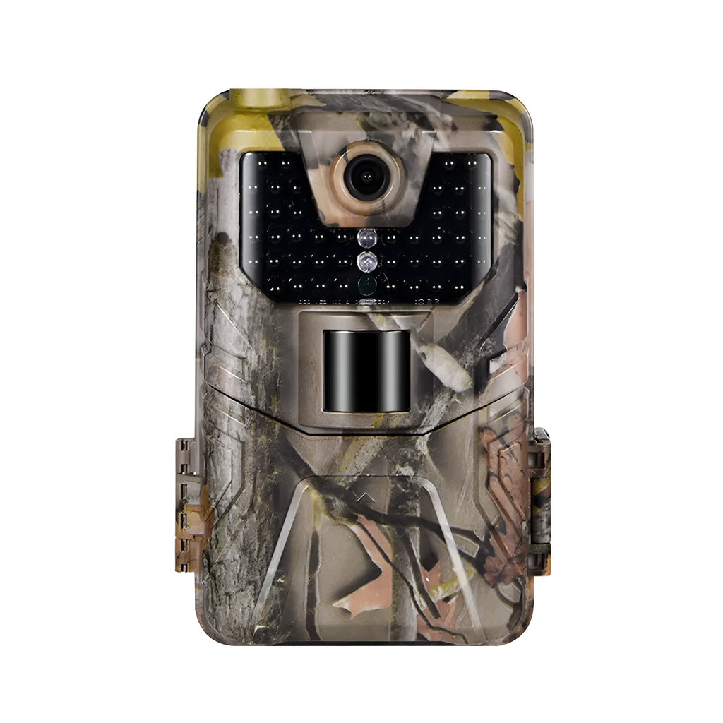 Camouflage outdoor Bluetooth trail camera with infrared LEDs for night vision, showing compact design.