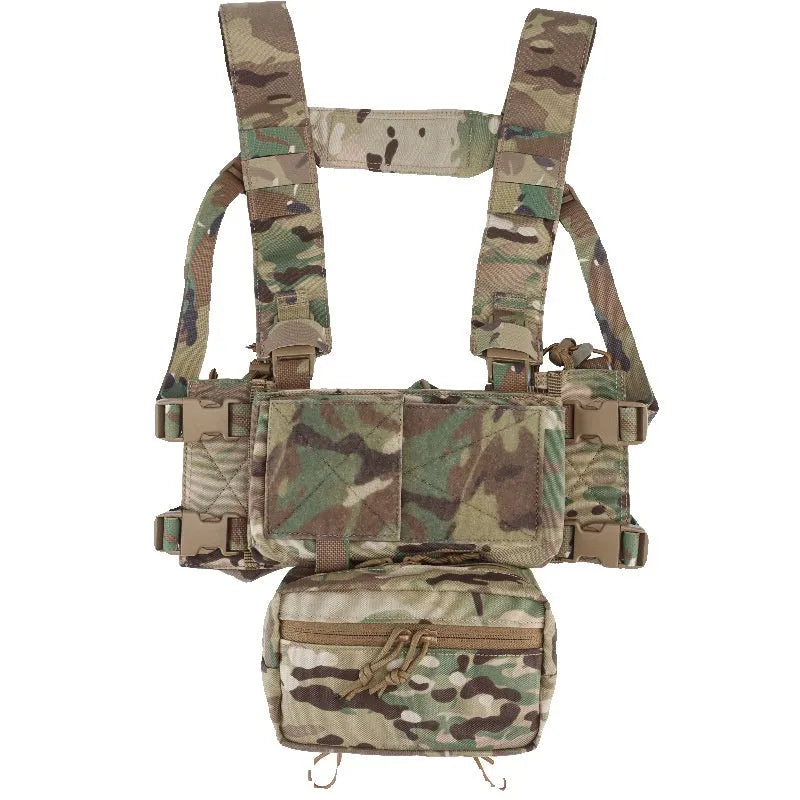 Multifunctional expandable breathable chest mount vest in Cordura fabric, unisex one size fits all, side view with gear pouches