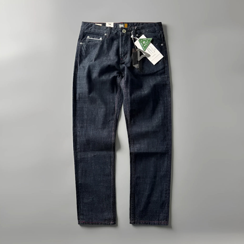 Men's primary colour straight leg jeans in American retro style on a hanger
