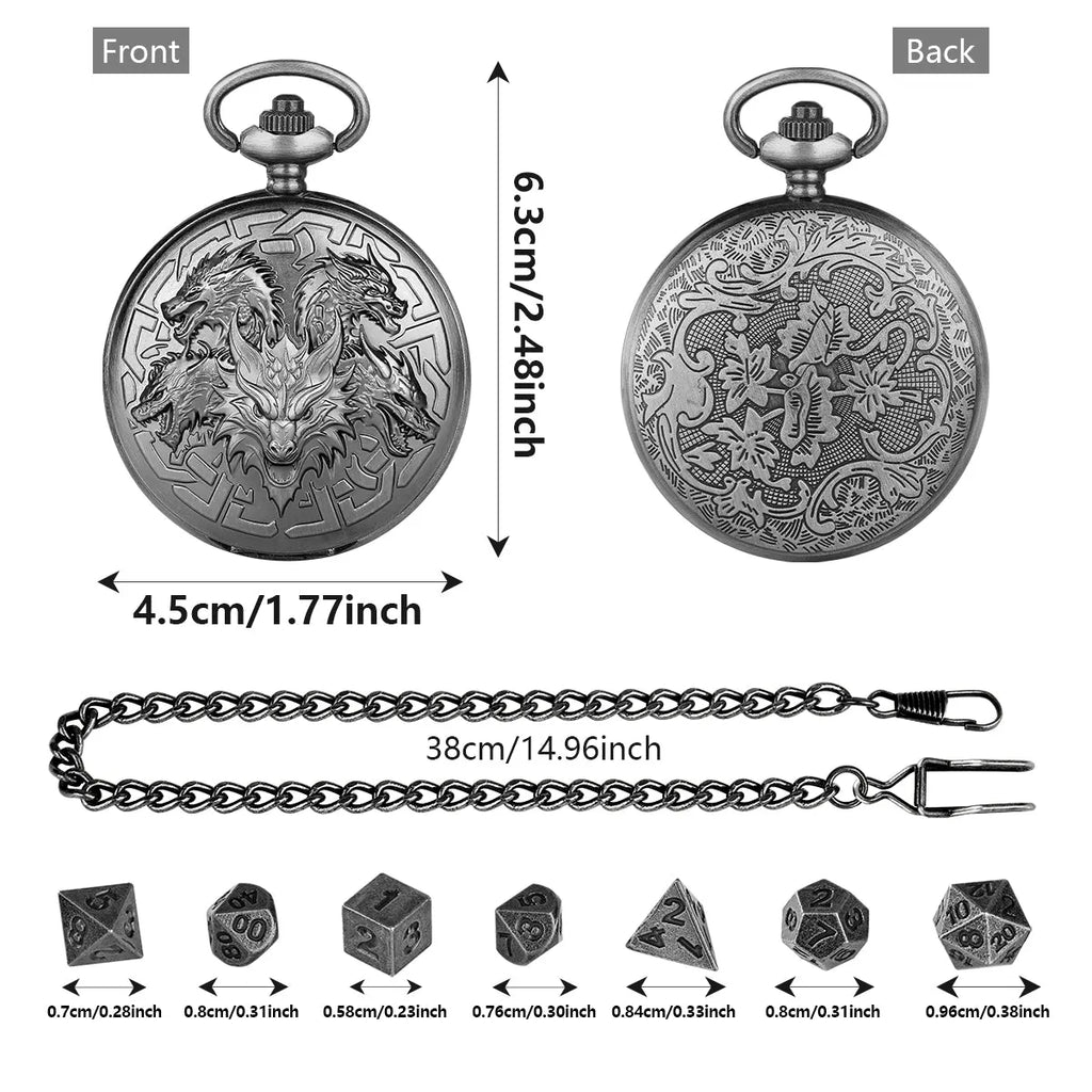 Steampunk pocket watch shaped dice set open revealing 7 polyhedral dice in zinc alloy bronze finish on dark background