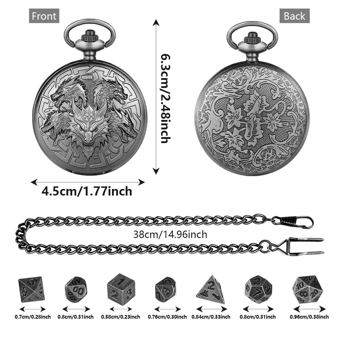 Steampunk pocket watch shaped dice set open revealing 7 polyhedral dice in zinc alloy bronze finish on dark background