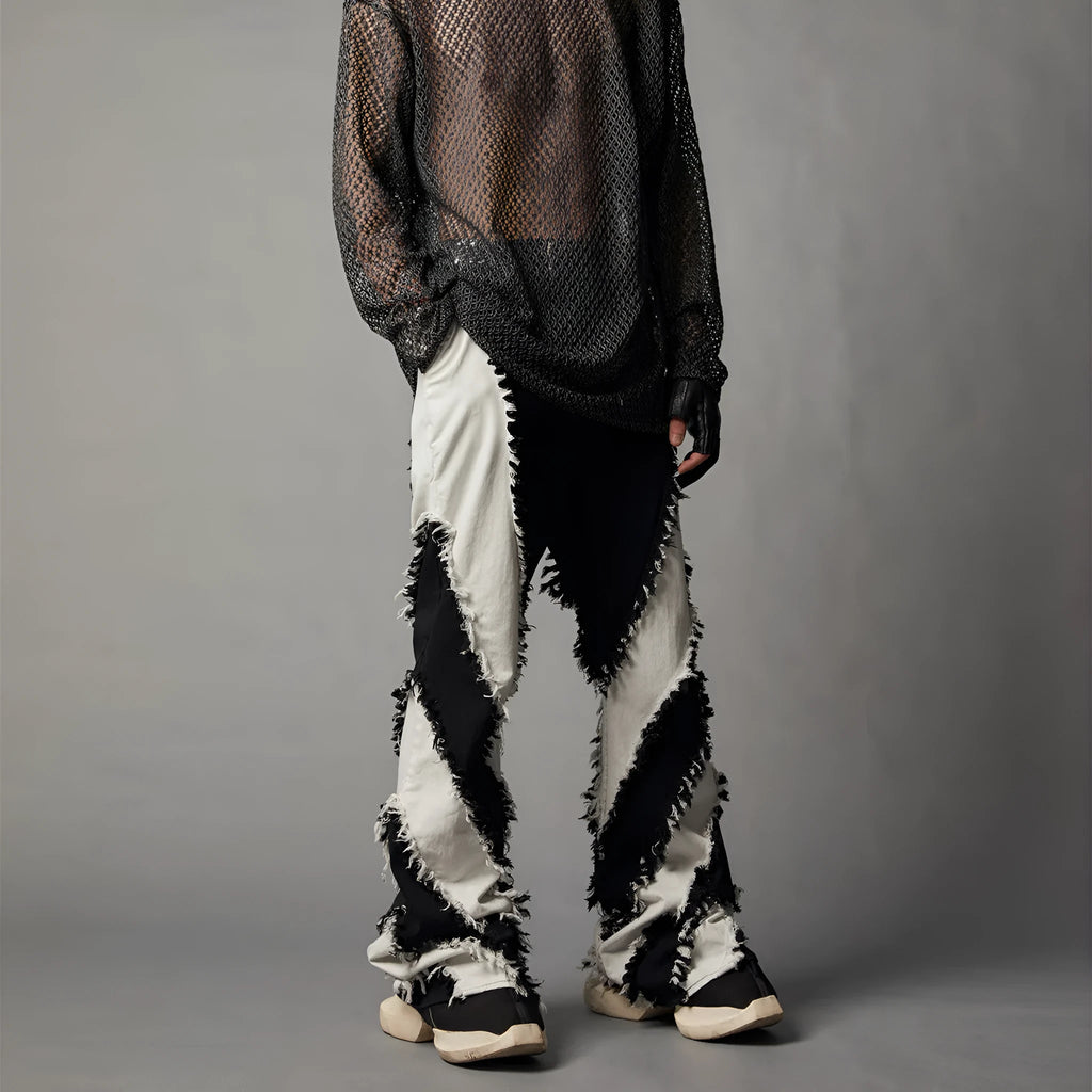 Black white patchwork slim fit rough edge washed jeans with mid waist and zip fly