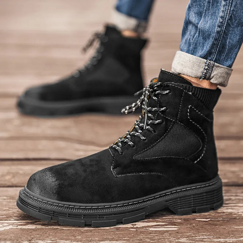 Men's vintage Martin boots in black with frosted microfiber leather upper and round toe.