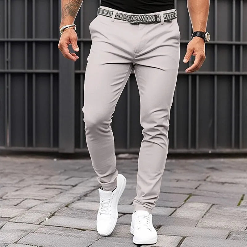 Men's pure colour slim-fit trousers in black, micro-elastic cotton blend, side pockets, mid-waist zip placket