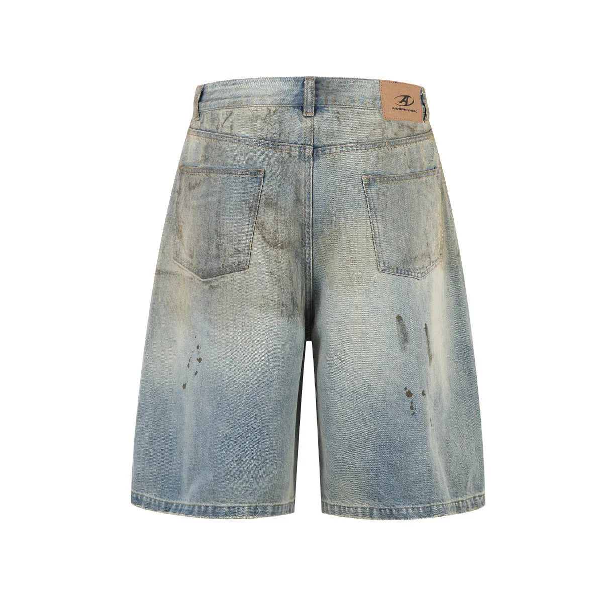 Straight-leg washed blue denim trousers with zipper fly and cropped middle pants length