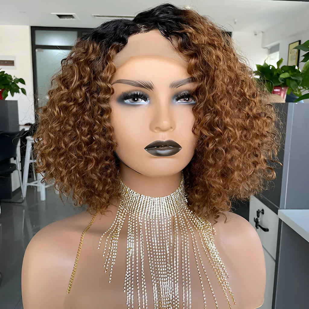 Ombre curly Bobo 1B30 human hair lace wig in black colour with oblique bangs