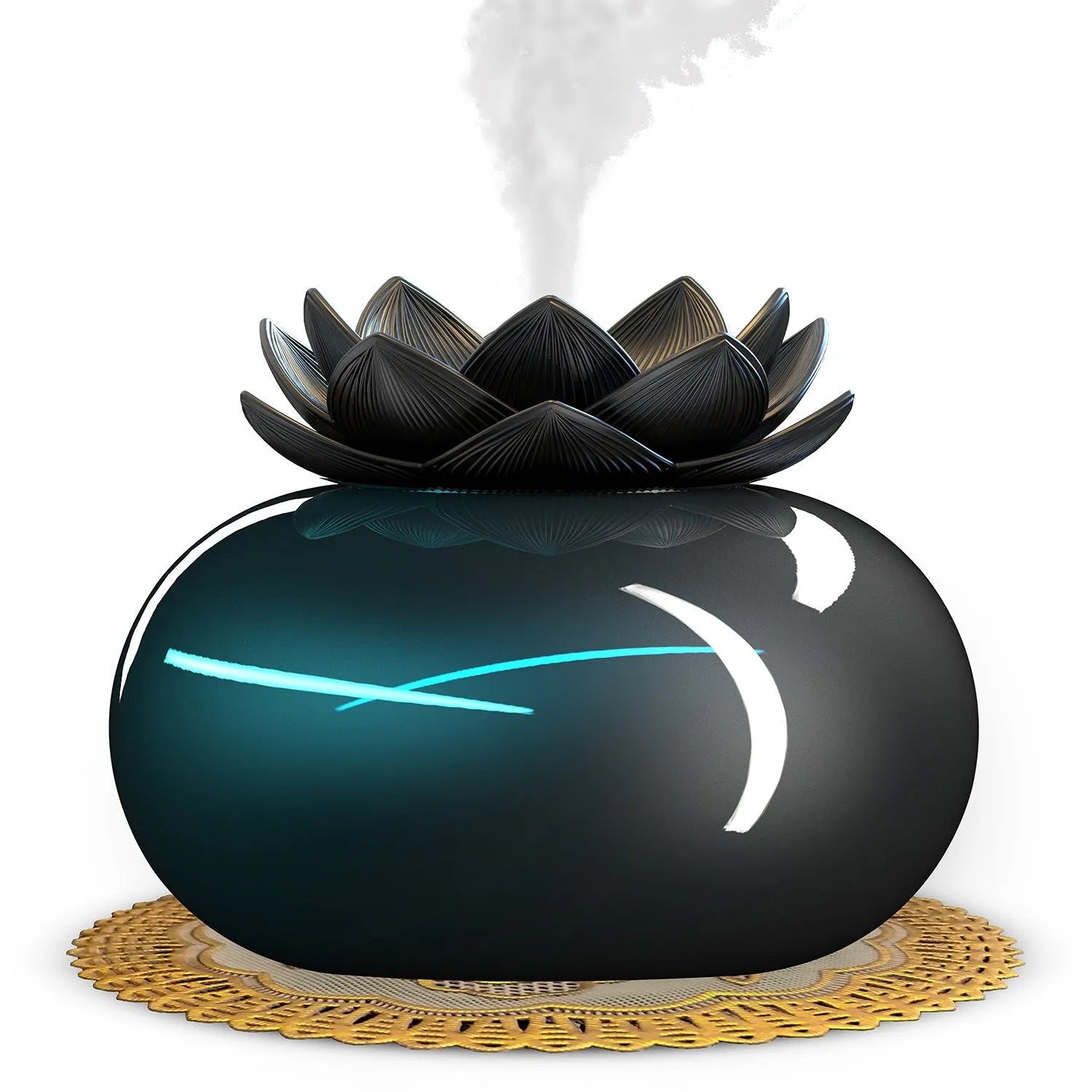 Pure black round Lotus aromatherapy humidifier with USB port and ceramic finish.