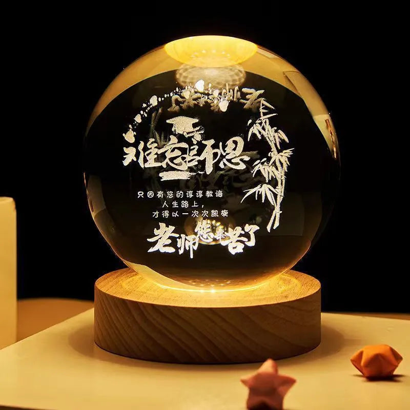 3D crystal ball night lamp with starry sky planets and moon projection on wooden base