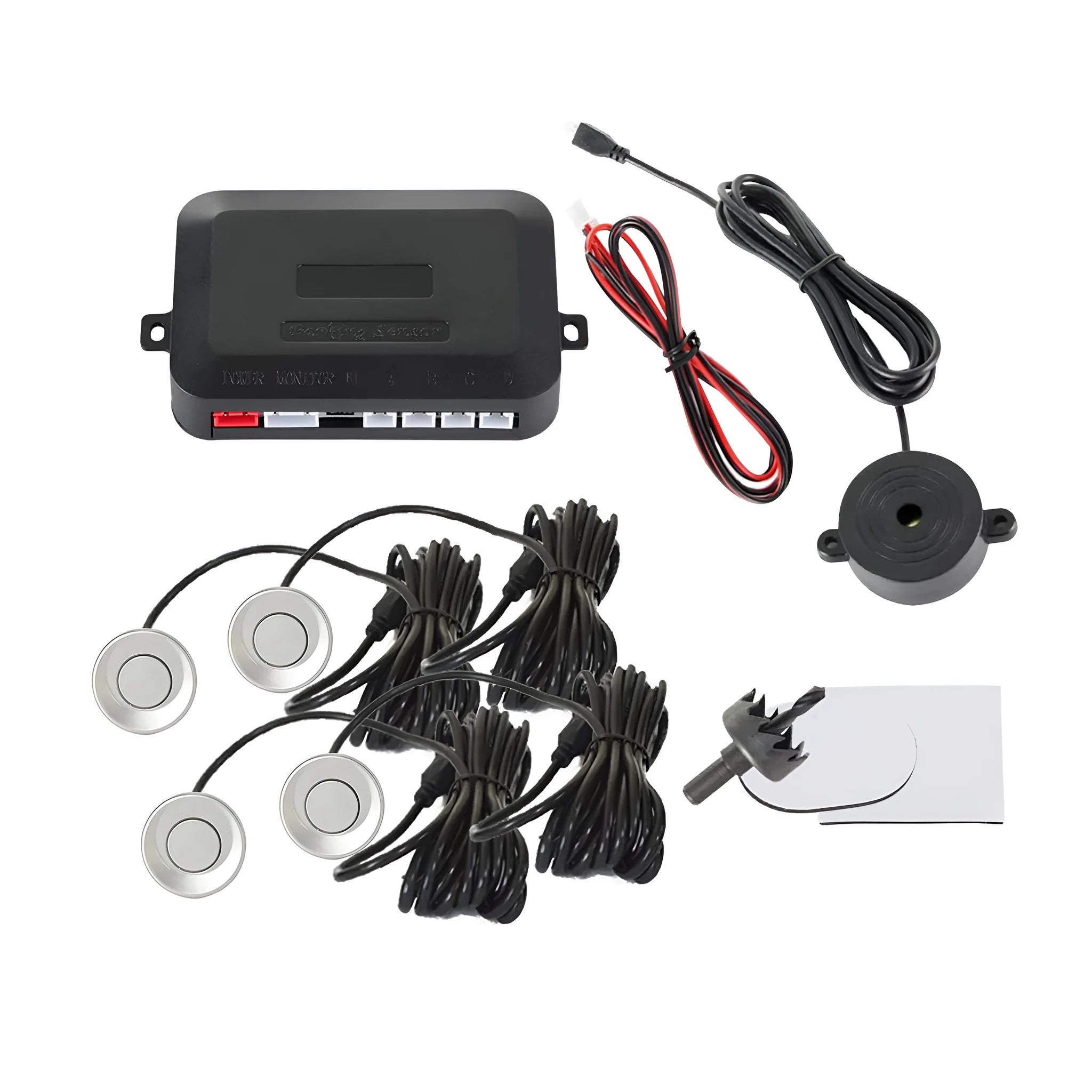 Four ultrasonic parking sensors and a buzzer control unit for a car reversing radar system.