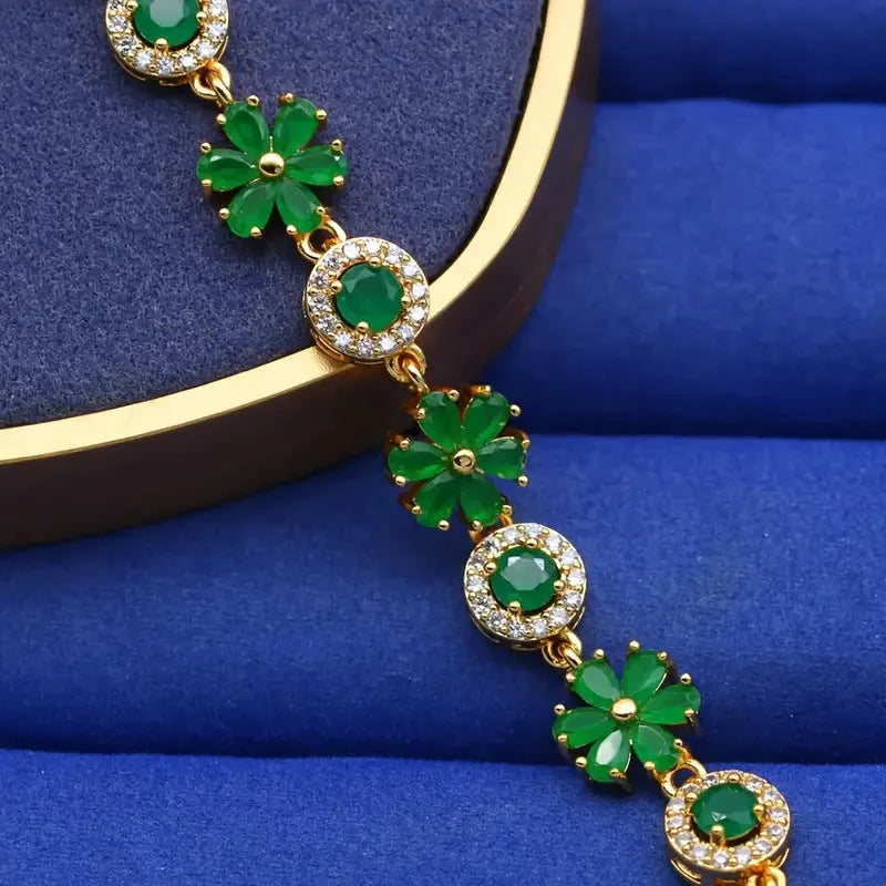 Real gold plated green zircon flower bracelet on copper base with micro inlay detail