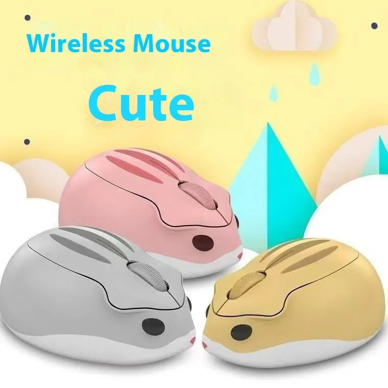 Yellow Bluetooth wireless mouse next to hamster habitat showing compact 105mm size