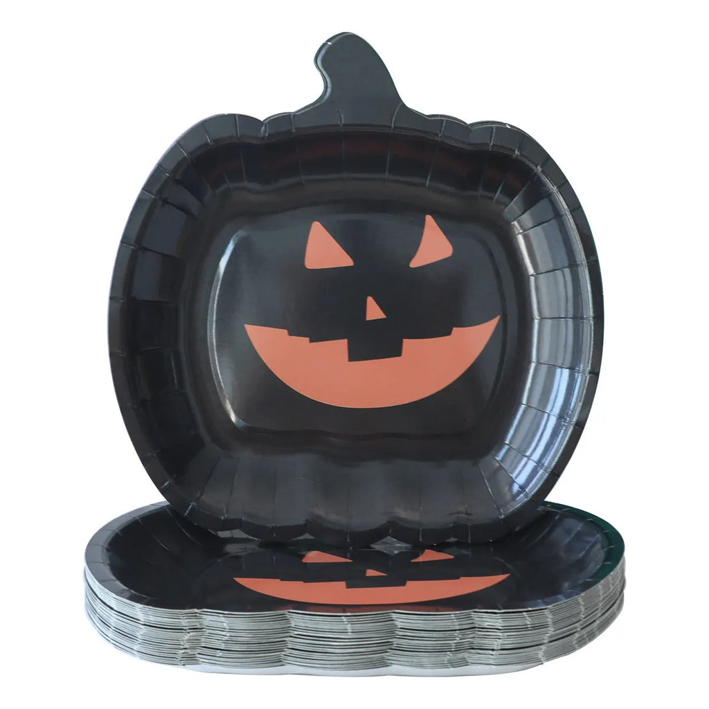 Black Halloween disposable paper plates with pumpkin design in 9-inch size