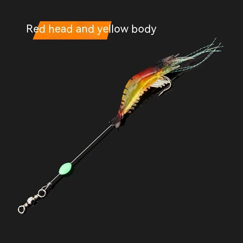 Six soft plastic fishing lures with hooks in assorted colours including black head yellow body and luminous pink