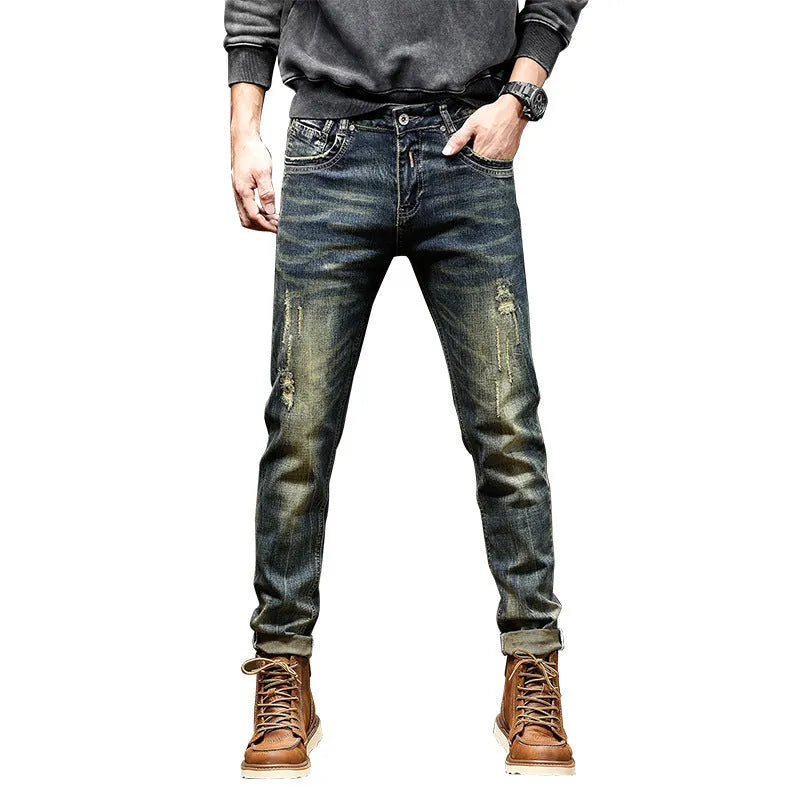 Men's stretch skinny jeans in retro colour with zip fly closure