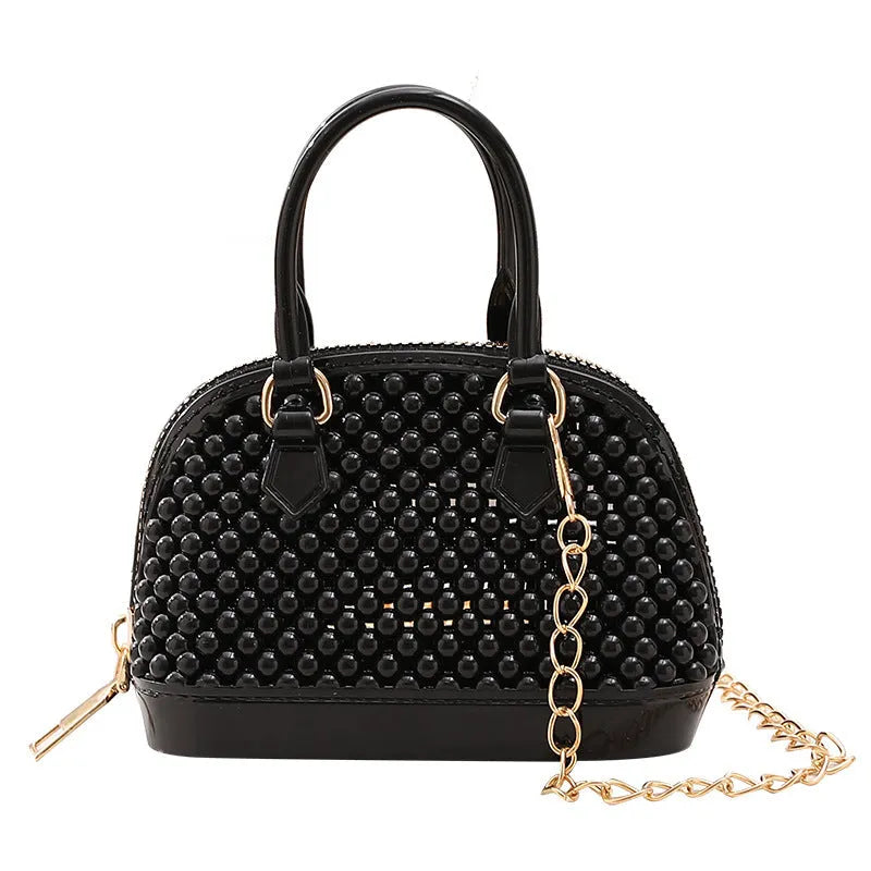 Korean style hollowed-out jelly shell bag in PVC with chain, apricot colour, shell shape, urban design