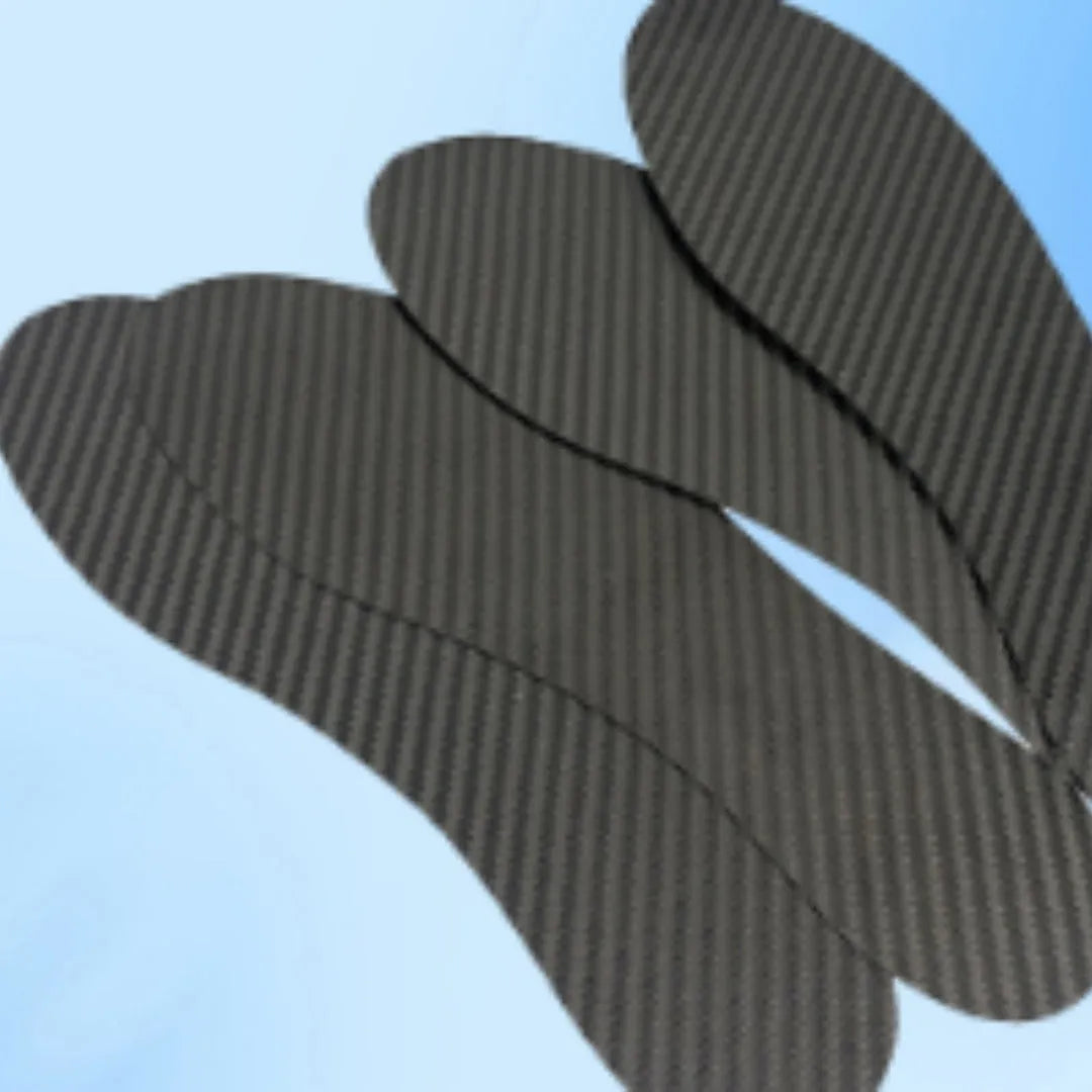 Black 3K carbon fibre full-palm running insoles for shock absorption, shown in various sizes.