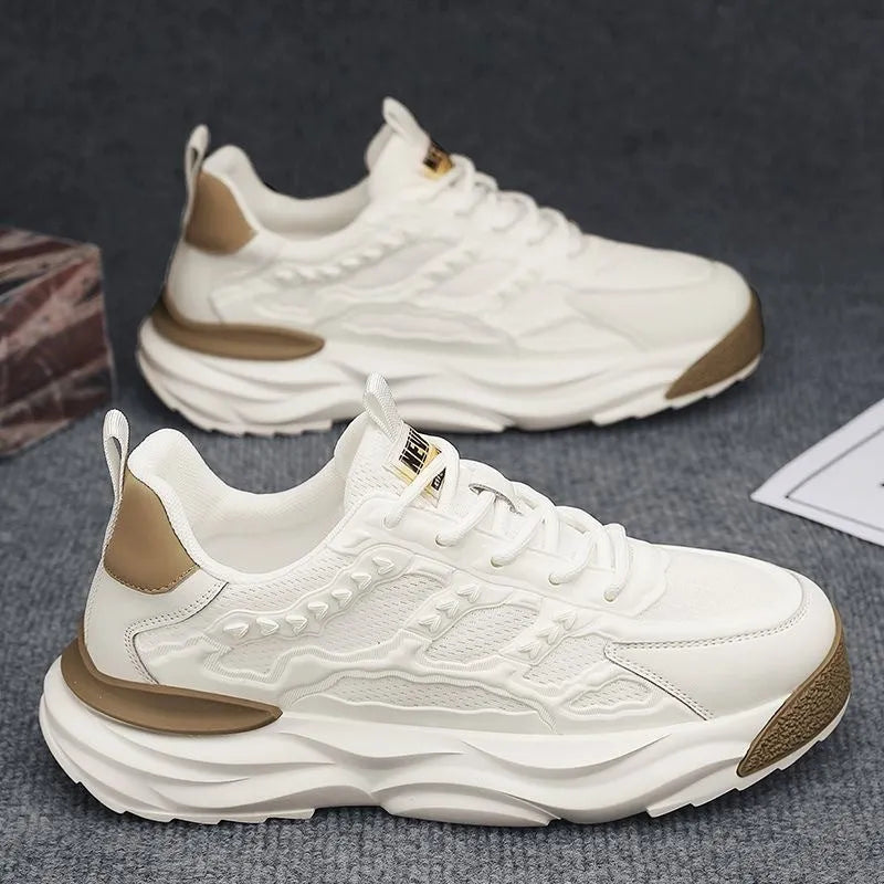 Men's white and black breathable mesh shoes with PU mesh upper and round toe design