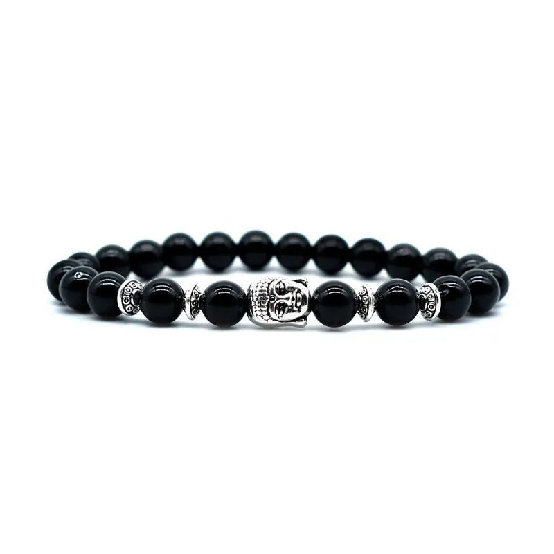 Bracelet with 19mm Buddha head beads in five stone options including amethyst and tiger eye