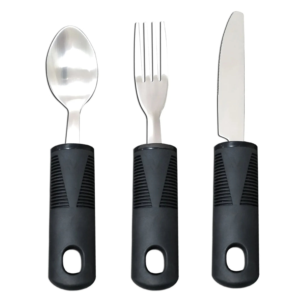 Stainless steel adaptive cutlery set with rubber handles for elderly tremor assistance