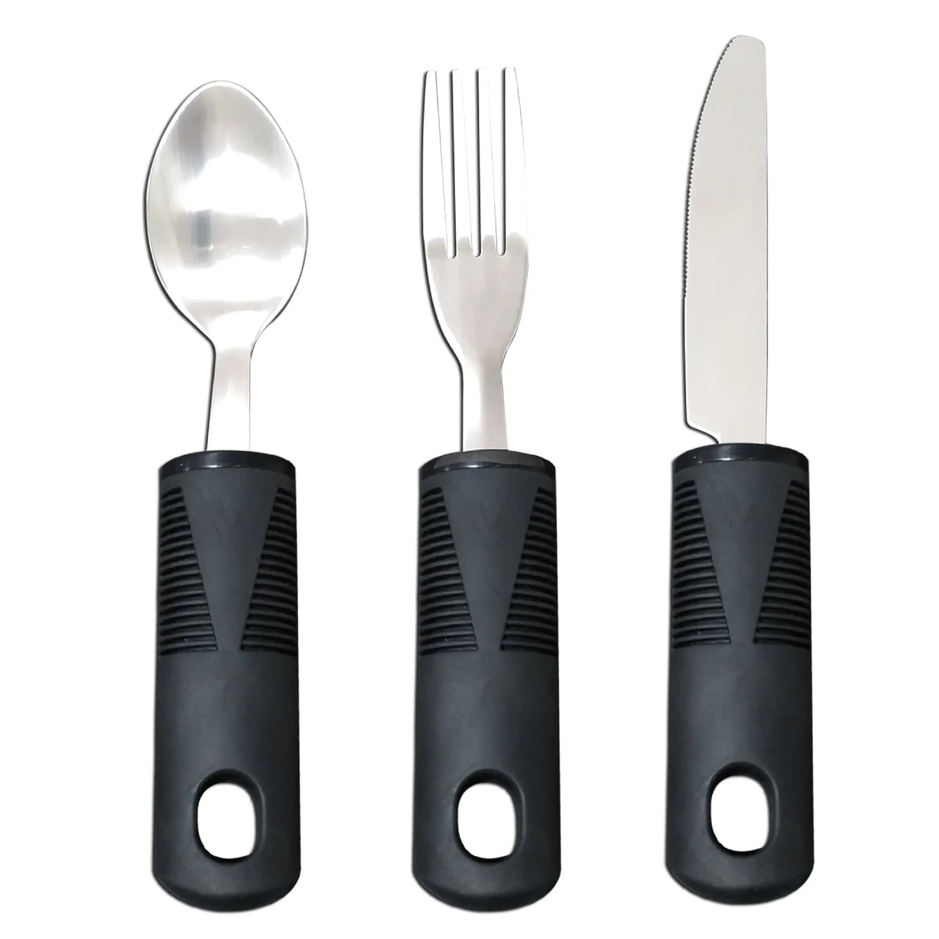 Stainless steel adaptive cutlery set with rubber handles for elderly tremor assistance