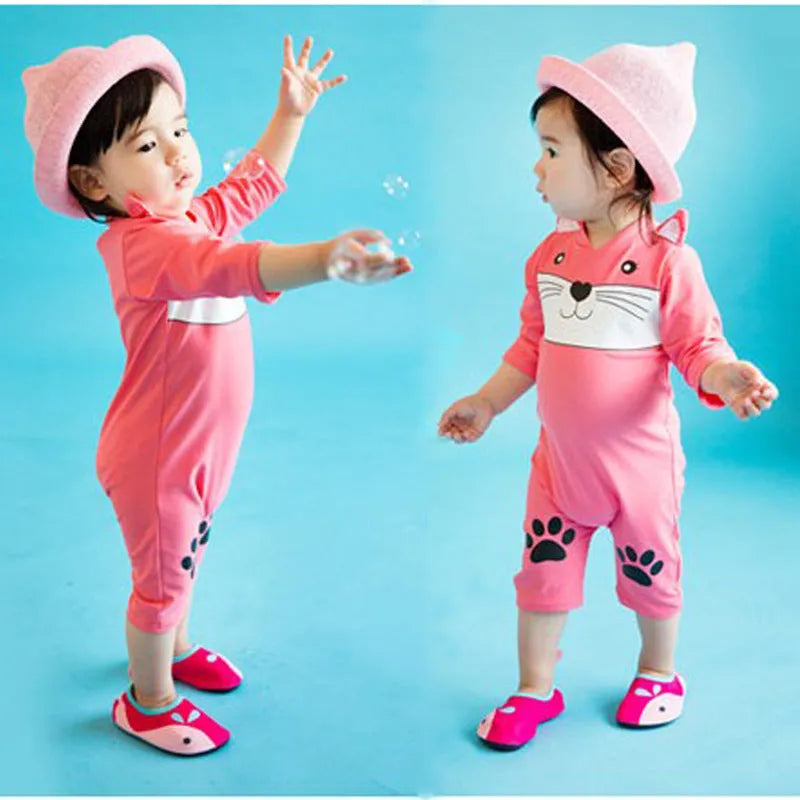 Blue long sleeve one-piece baby swimsuit made of high-elasticity polyester for sun protection and swimming