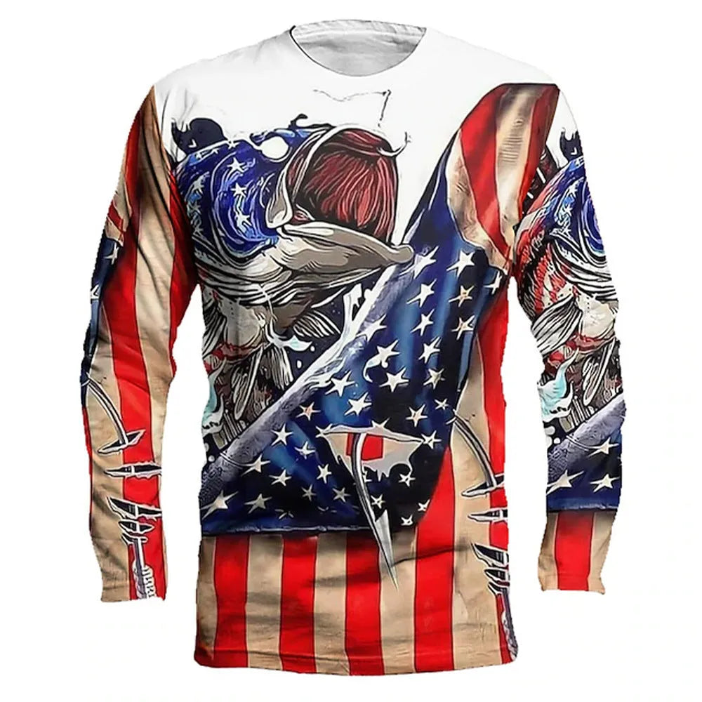Men's grey round neck long sleeve pullover top featuring a printed colourful fish design.