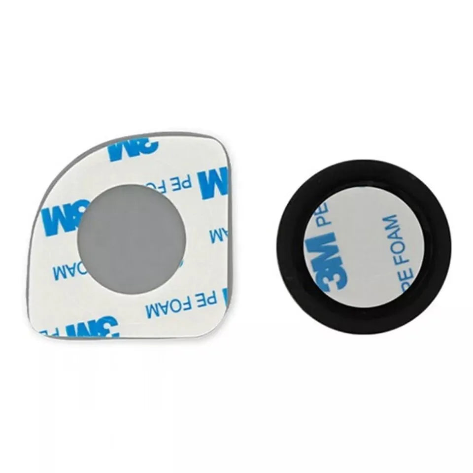 Pair of white, fan-shaped, circular glass blind spot mirrors for cars, shown adjustable.