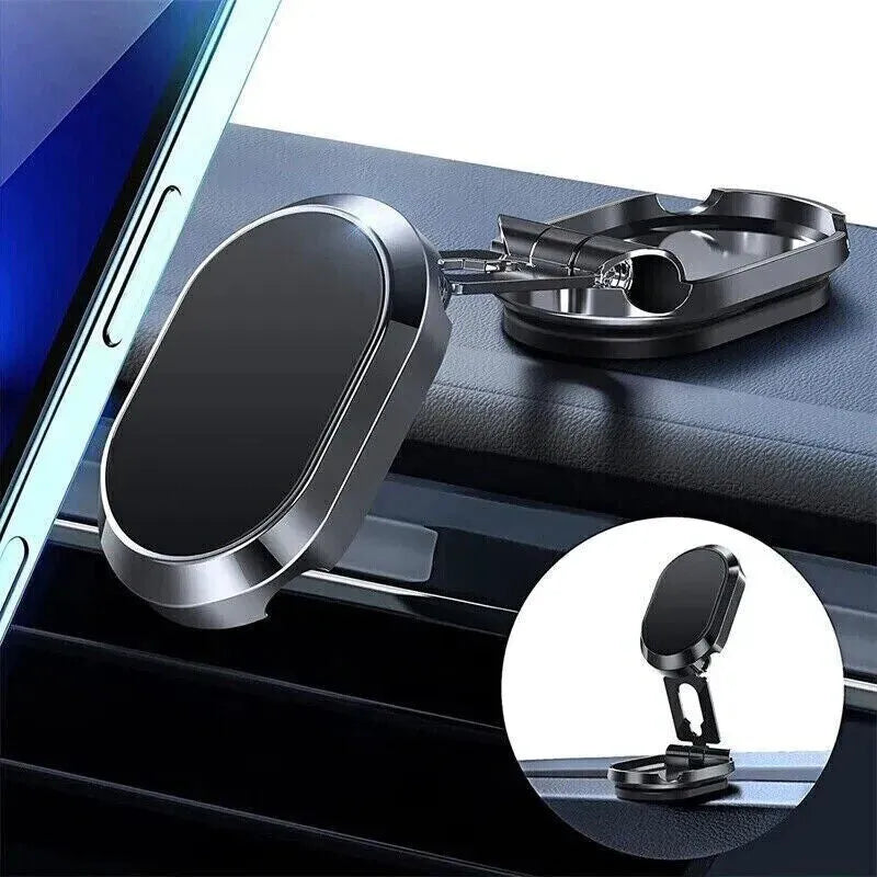 Chrome foldable magnetic car phone holder mounted on a dashboard, showing extended and retracted positions.