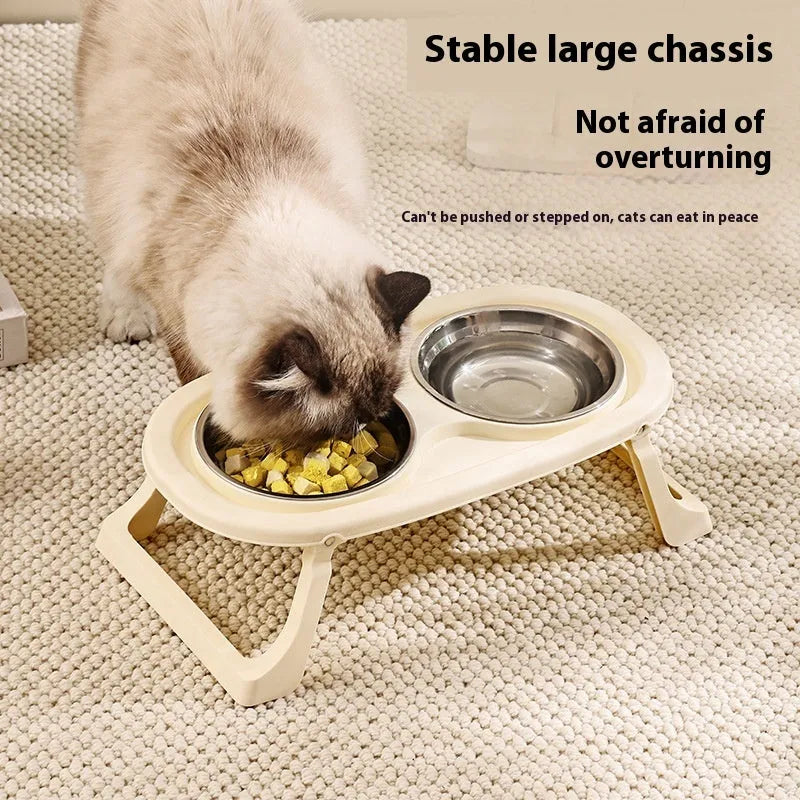 Foldable pet bowl set with dual compartments in white purple and green colours plastic or stainless steel options