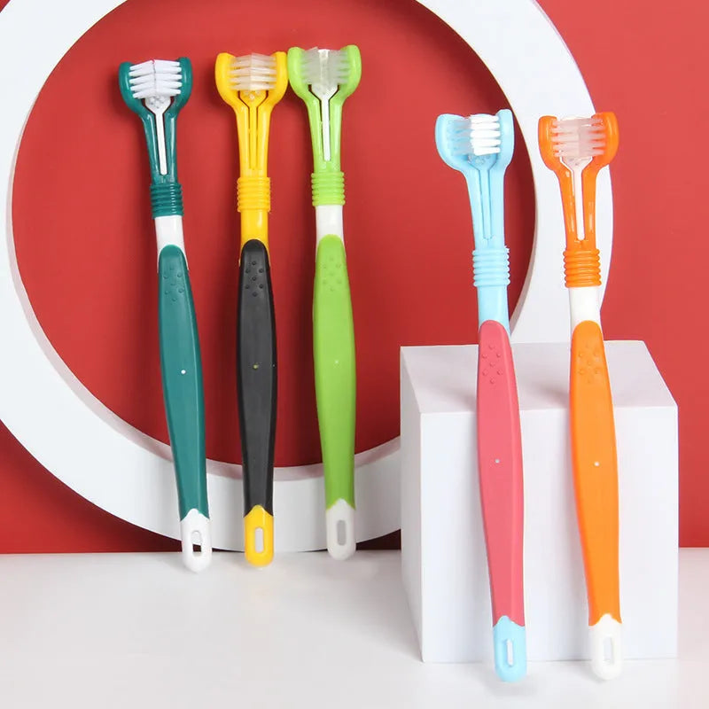 Plastic three-head pet toothbrush in blue red, dark green, grass green, orange, and yellow black for dog oral cleaning