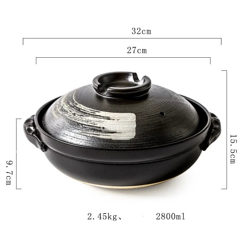 Ceramic casserole pot with lid, 2800ml size, on gas stove, uncoated clay finish