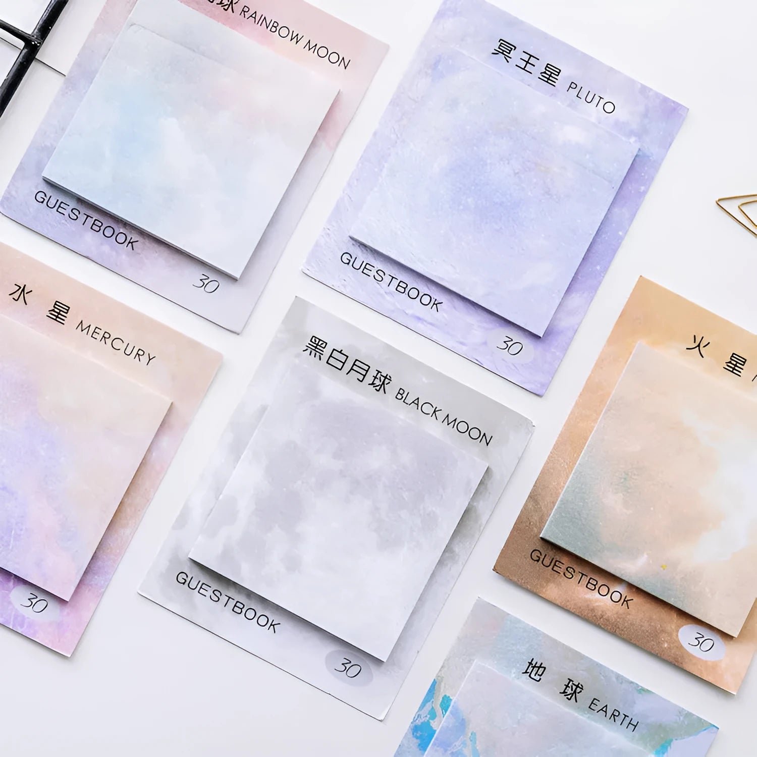 Square planet-themed sticky note pad with oil painting designs of Earth, Mars, and moons