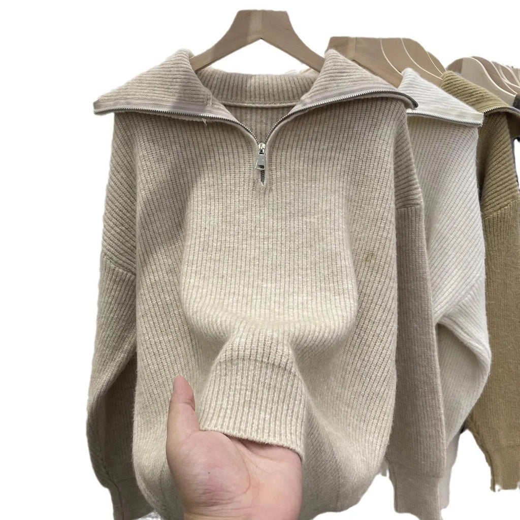 Women's loose fit polo collar viscose pullover sweater in solid colour with stitching detail