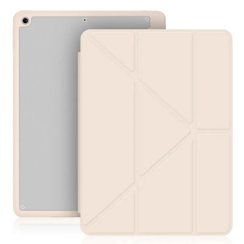 Slim imitation leather iPad case in dark grey with Y-fold bracket open and Apple Pencil in built-in slot.