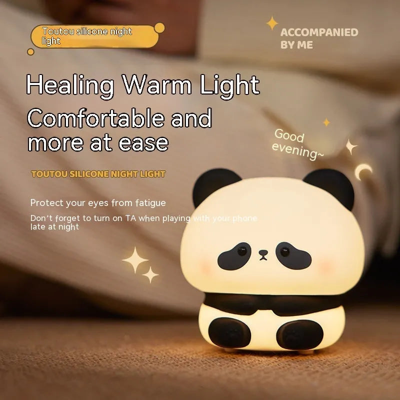 Cute panda LED night light with soft silicone exterior, USB rechargeable, touch control