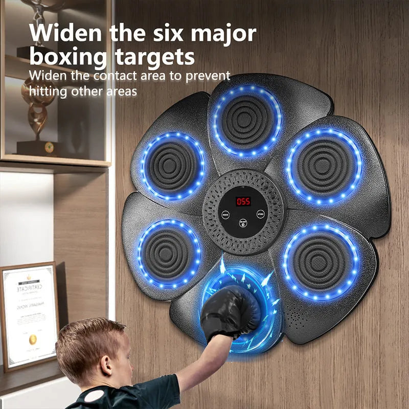 Black smart boxing wall target with Bluetooth and LED lights, includes half-finger boxing gloves