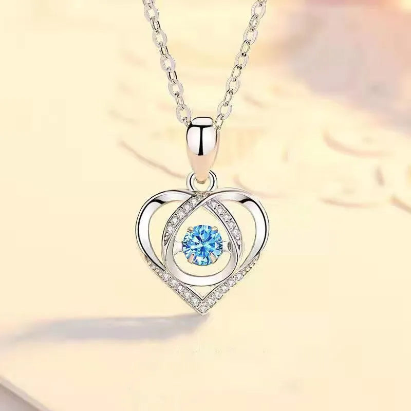 Blue diamond necklace and bracelet set with geometric love heart pendant on adjustable chain