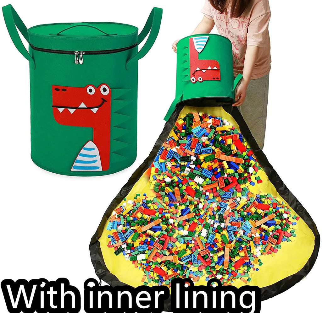 Green felt cube storage bag with pull rope closure opened as play mat