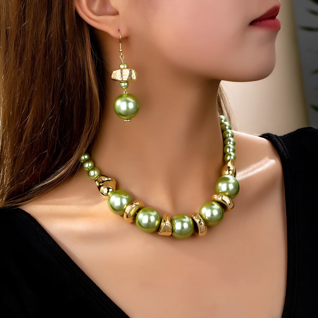 Acrylic pearl necklace and ear stud set for women green suit YLC-TZ-1315 simple irregular design