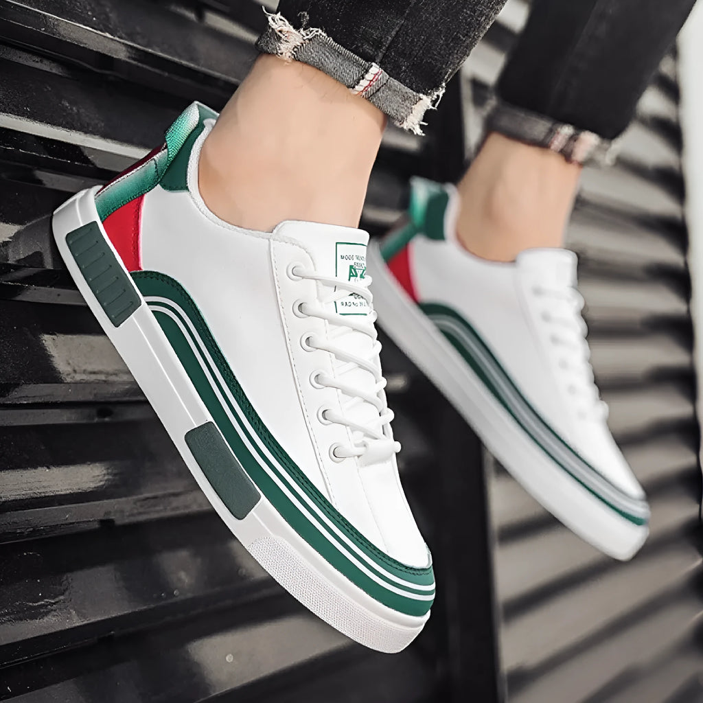 Men's white and green canvas casual shoes with mesh ventilation panels and round toe flat heel design