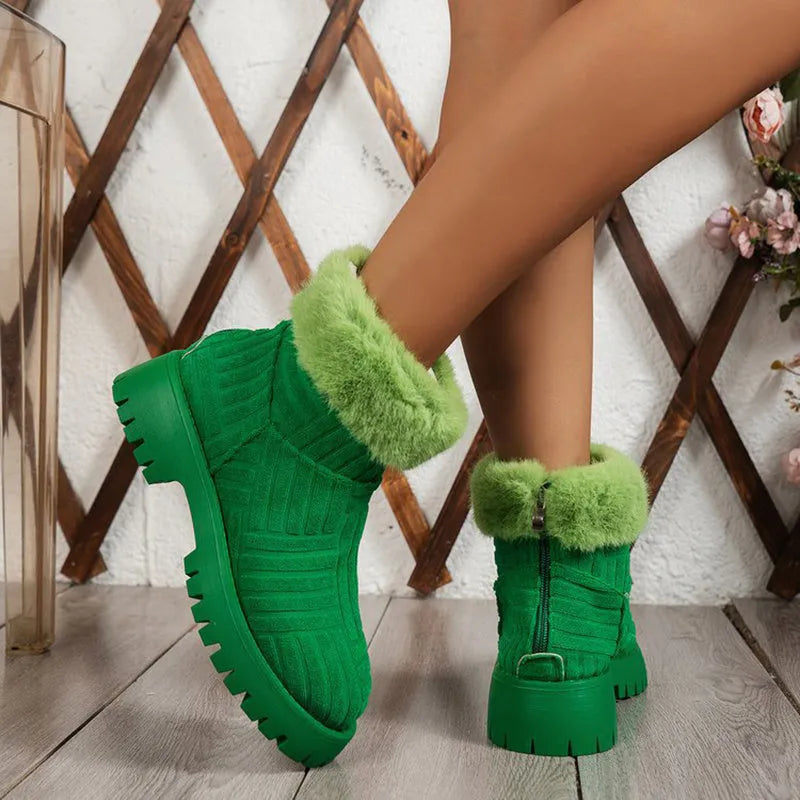Women's winter ankle boots, thickened snow boots with plush cotton lining, round toe, green colour, side view